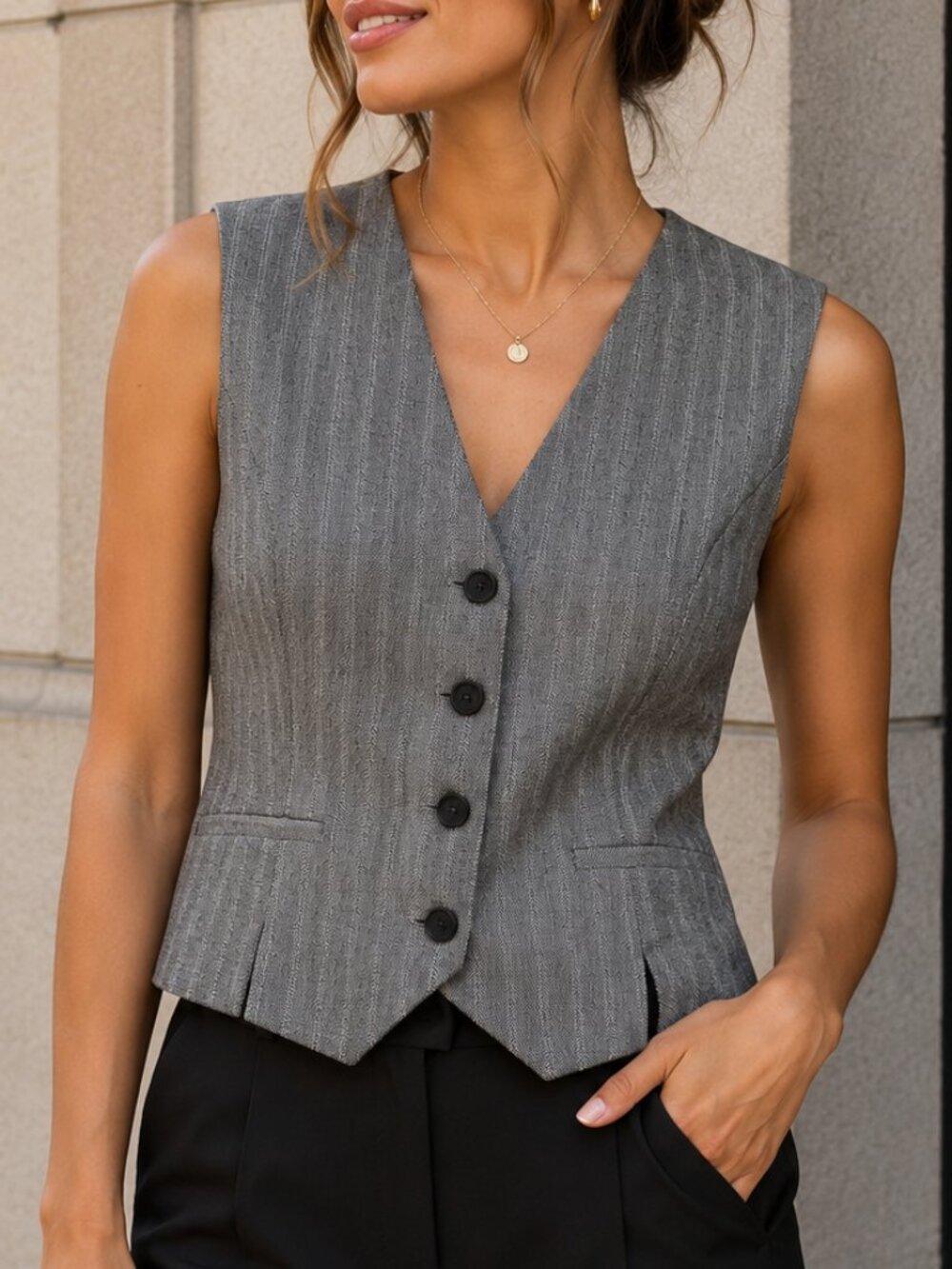 Zara Herringbone Tailored Waistcoat Size S | Gray Button-Front Vest